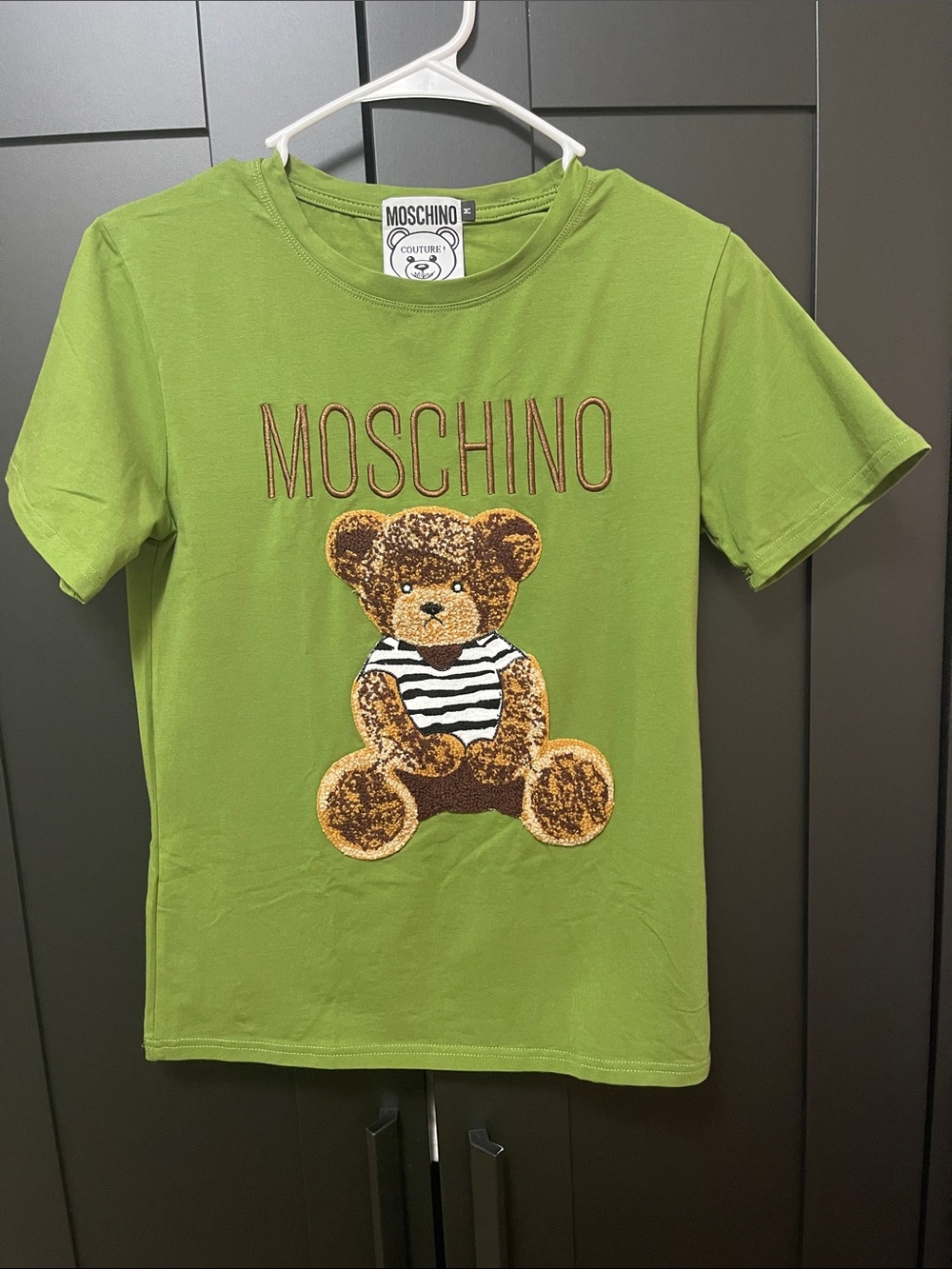 Moschino Kids Lime Green Teddy Bear Logo Tee
